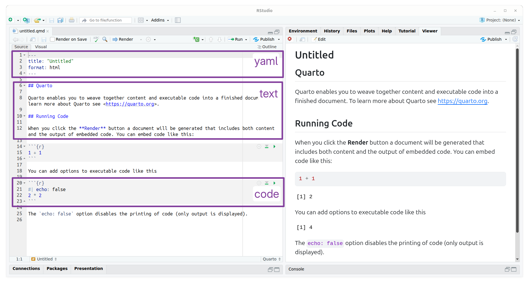 Quarto file in the left. Rendered document on the right. The YAML, chunk codes and text areas are highlighted on the file.