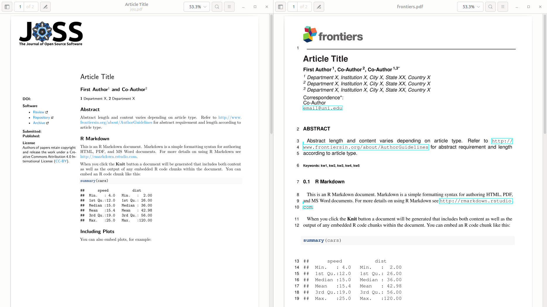 The same document renderd into two different article formats: JOSS and Frontiers