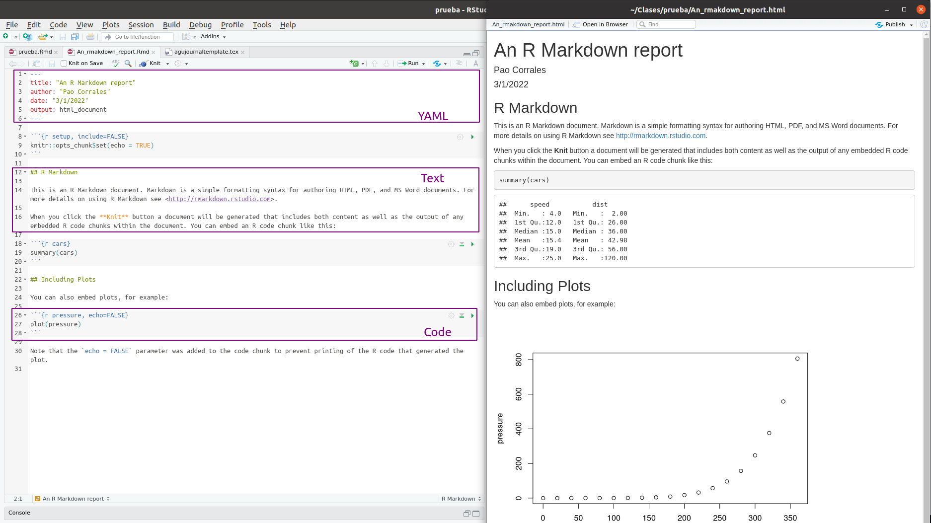 Rmarkdown file in the left. Knited document on the right. The YAML, chunk codes and text areas are highlighted on the file.