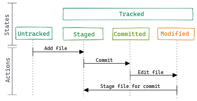The figure shows the states of a file: untracked or tracked. When it is tracked by the repository, the file can be staged, committed or modified. With the add action the file is “staged”, with the commit action the file is “saved” to the repository. This cycles repeats teach time the file is modified.