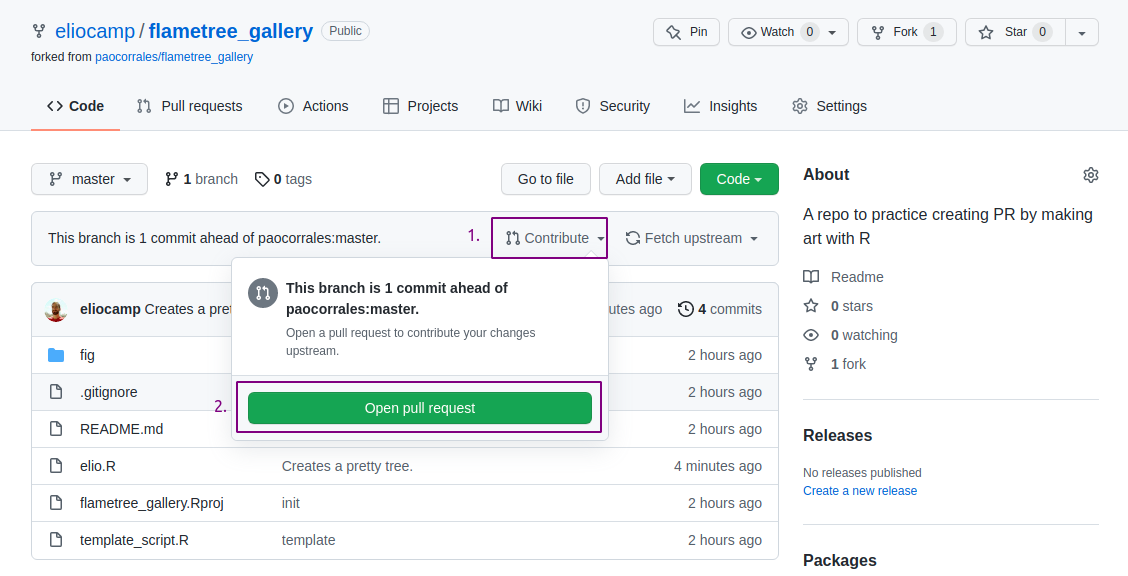 Screenshot of a forked repo in GitHub with a new commit. It shows how to star a new pull request.