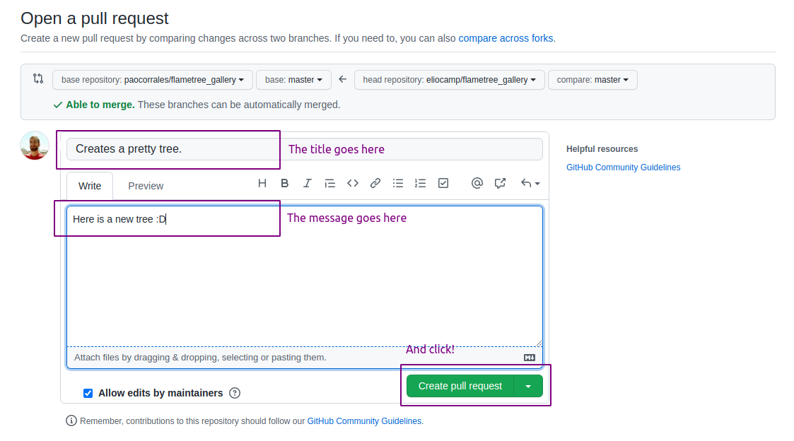 Screenshot of GitHub showing how to add a title, message and finish a pull request