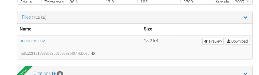 Screenshot of Zenodo’s list of files in the example database. It shows one file called penguins.csv that weights 15.2kB. To the right there’s a “Preview” button and a “download” button and below it an md5 checksum.