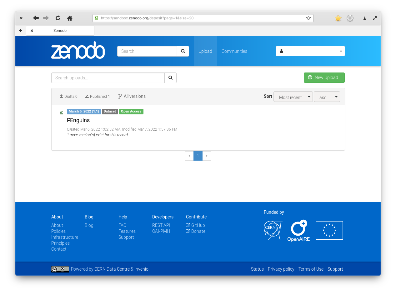 Screenshot of Zenodo’s page after clicking Upload on the main page. It shows a list with one entry, called “PEnguins” and a green button titled “New Upload.”