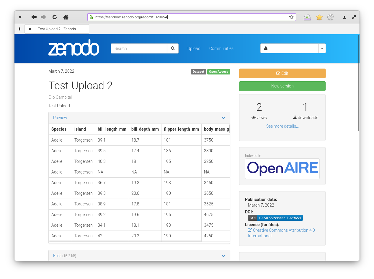 Screenshot of Zenodo’s record viewer. It shows a record titled “Test Upload 2,” a preview of the dataset, an “Edit” button, a “New Version” button, and information on the publication date, DOI and Licence.