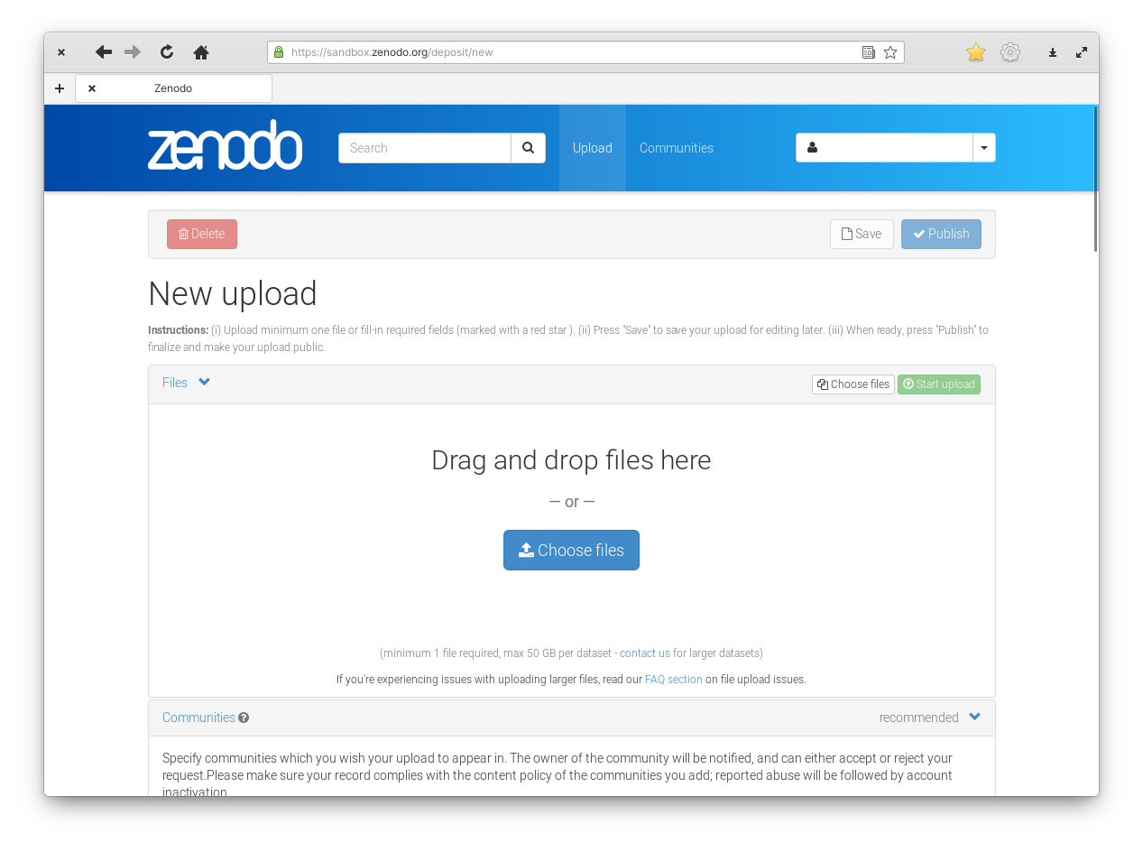 Screenshot of Zenodo’s New Upload page. It shows a big area where to drop file with a button to Chose files.