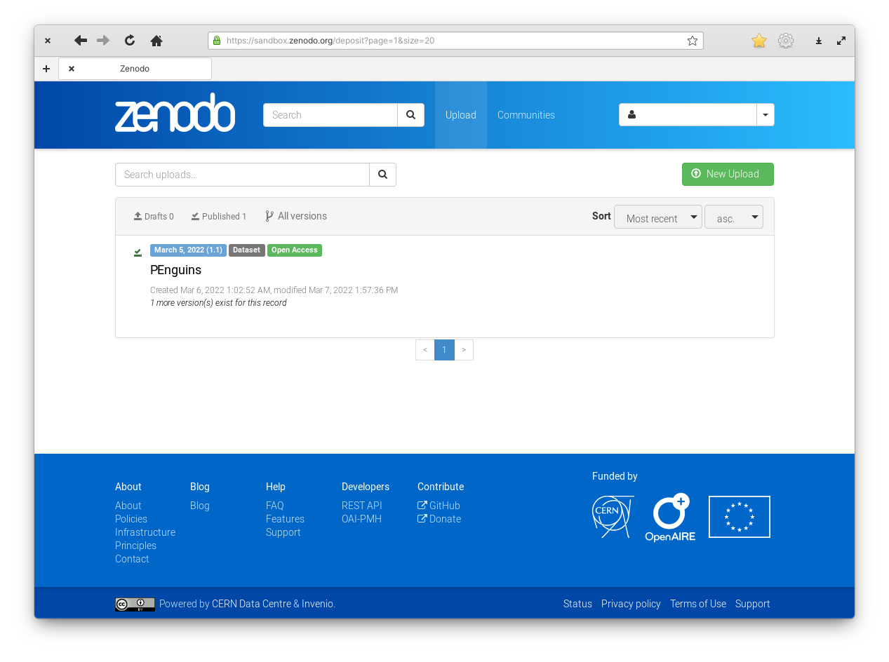 Screenshot of Zenodo’s page after clicking Upload on the main page. It shows a list with one entry, called “Penguins” and a green button titled “New Upload”.
